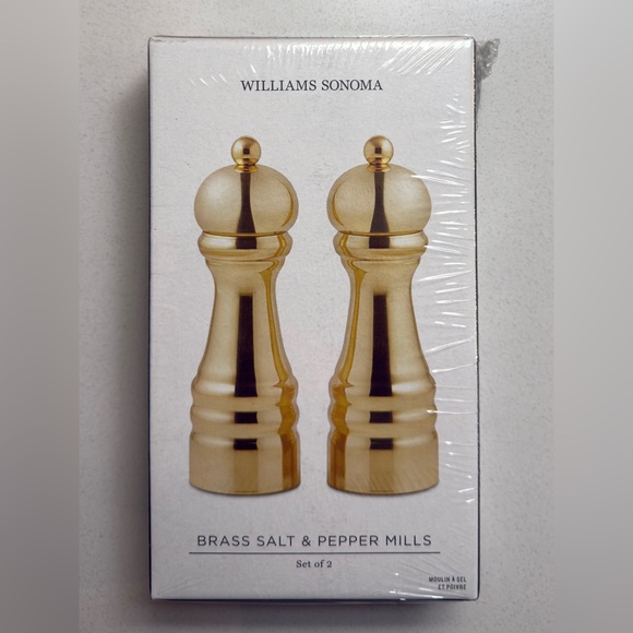 Williams Sonoma Polished Brass 6” Salt & Pepper Mills Set, NIB, Retail $249 - Picture 2 of 3